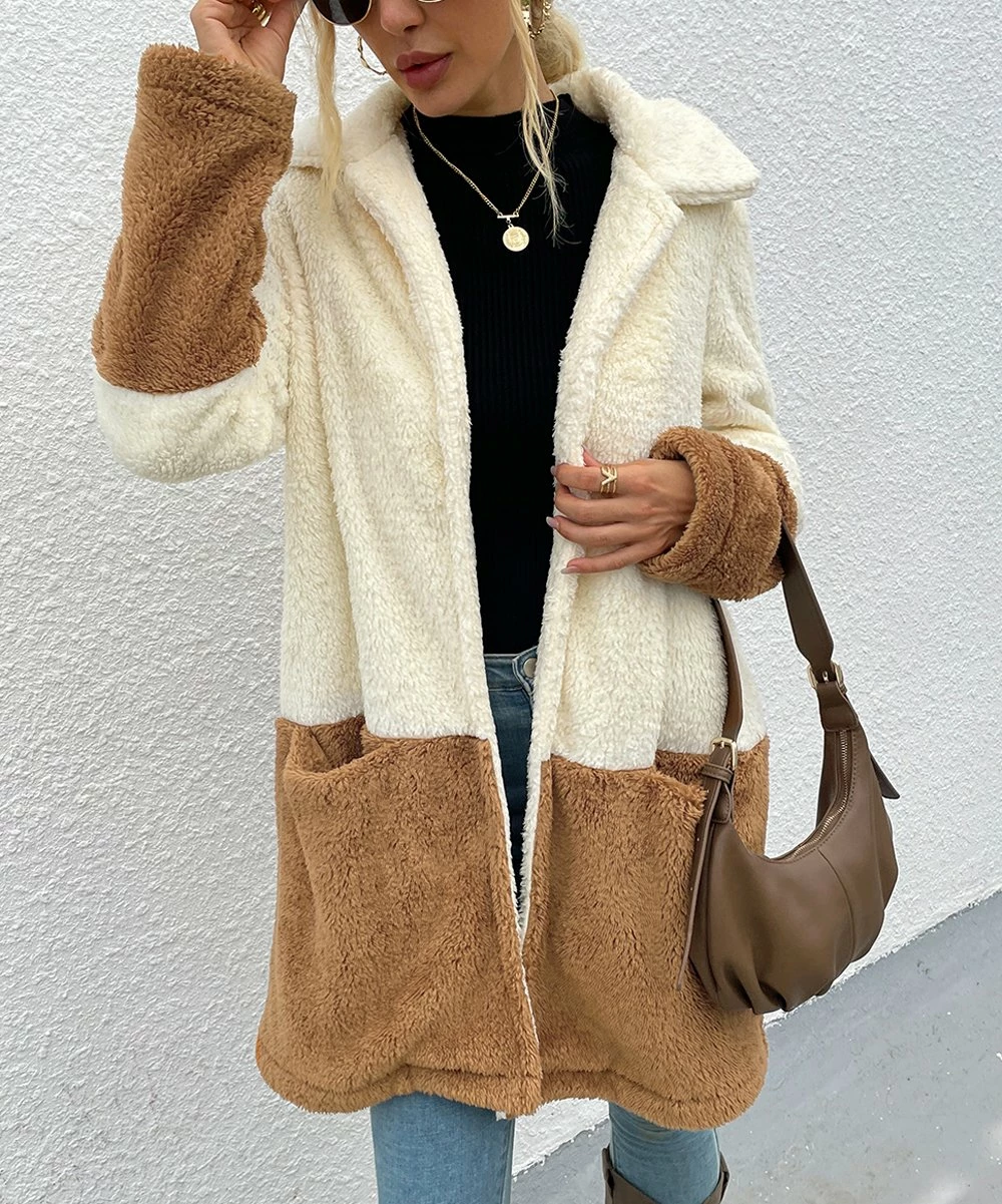 Best deal 👏 Romantichut Light Brown & Cream Color Block Pocket Open Teddy 🧥 Coat - 👩 Women 🌟 3 Best deal 👏 Romantichut Light Brown & Cream Color Block Pocket Open Teddy 🧥 Coat - 👩 Women 🌟