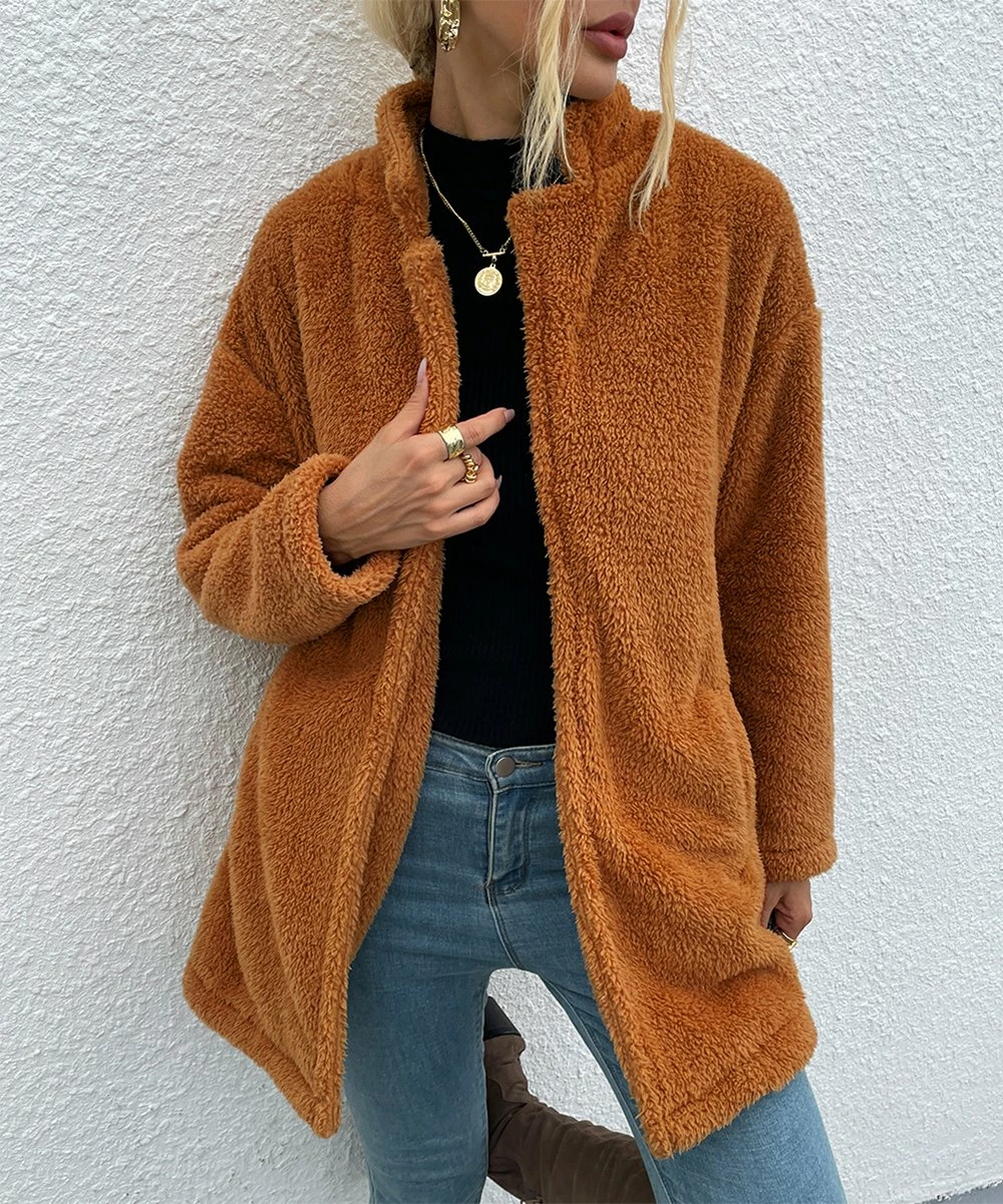 Cheapest 🛒 Romantichut Khaki Notch-Collar Pocket Open Teddy 🧥 Coat - 👩 Women 🤩 4 Cheapest 🛒 Romantichut Khaki Notch-Collar Pocket Open Teddy 🧥 Coat - 👩 Women 🤩 - Image 2