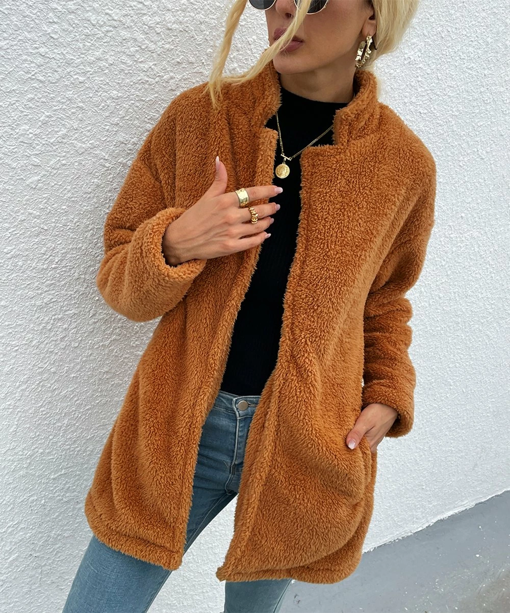 Cheapest 🛒 Romantichut Khaki Notch-Collar Pocket Open Teddy 🧥 Coat - 👩 Women 🤩 5 Cheapest 🛒 Romantichut Khaki Notch-Collar Pocket Open Teddy 🧥 Coat - 👩 Women 🤩 - Image 3