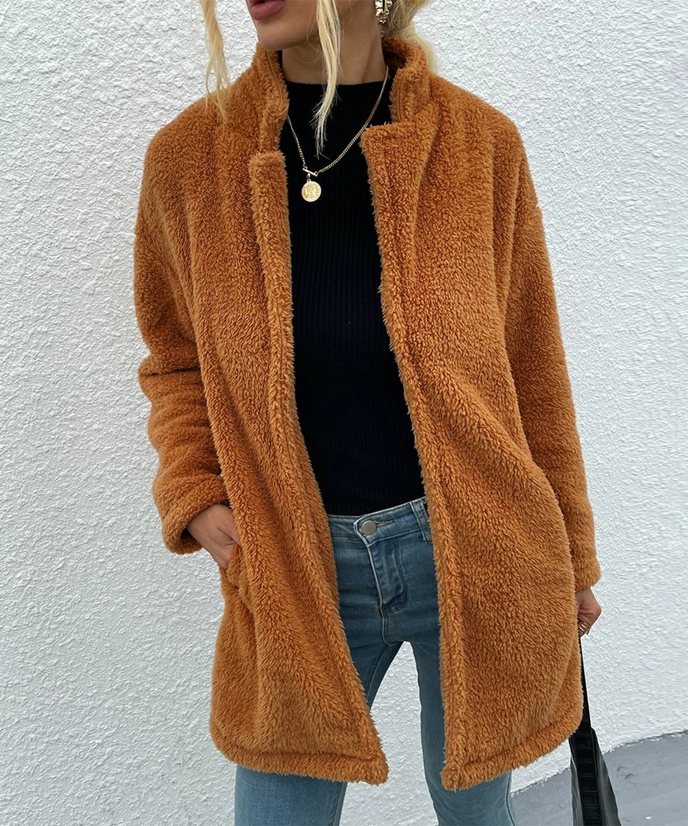 Cheapest 🛒 Romantichut Khaki Notch-Collar Pocket Open Teddy 🧥 Coat - 👩 Women 🤩 6 Cheapest 🛒 Romantichut Khaki Notch-Collar Pocket Open Teddy 🧥 Coat - 👩 Women 🤩 - Image 4