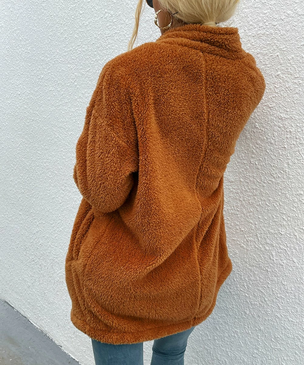 Cheapest 🛒 Romantichut Khaki Notch-Collar Pocket Open Teddy 🧥 Coat - 👩 Women 🤩 7 Cheapest 🛒 Romantichut Khaki Notch-Collar Pocket Open Teddy 🧥 Coat - 👩 Women 🤩 - Image 5