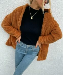 Cheapest 🛒 Romantichut Khaki Notch-Collar Pocket Open Teddy 🧥 Coat - 👩 Women 🤩