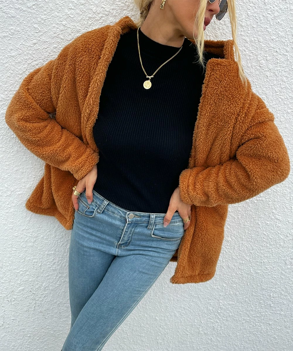 Cheapest 🛒 Romantichut Khaki Notch-Collar Pocket Open Teddy 🧥 Coat - 👩 Women 🤩 3 Cheapest 🛒 Romantichut Khaki Notch-Collar Pocket Open Teddy 🧥 Coat - 👩 Women 🤩