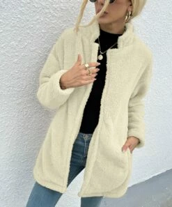 Cheap 🥰 Romantichut Off-White Notch-Collar Pocket Open Teddy 🧥 Coat - 👩 Women 🎉 -Romantichut Sales zu98741656 alt 3 tm1631622417