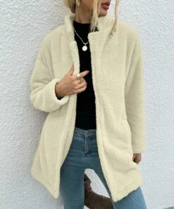 Cheap 🥰 Romantichut Off-White Notch-Collar Pocket Open Teddy 🧥 Coat - 👩 Women 🎉