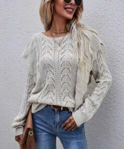 Best Pirce 😍 Romantichut Apricot Cable Stitch Ruffle-Accent Crewneck Sweater - 👩 Women 💯 -Romantichut Sales zu98887494 alt 2 tm1629999813
