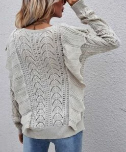 Best Pirce 😍 Romantichut Apricot Cable Stitch Ruffle-Accent Crewneck Sweater - 👩 Women 💯 -Romantichut Sales zu98887494 alt 3 tm1629999813