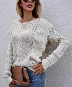 Best Pirce 😍 Romantichut Apricot Cable Stitch Ruffle-Accent Crewneck Sweater - 👩 Women 💯 -Romantichut Sales zu98887494 alt 4 tm1629999813