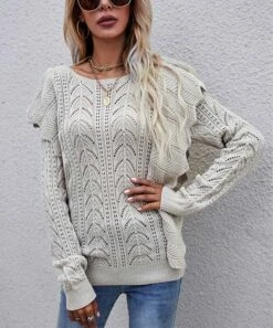 Best Pirce 😍 Romantichut Apricot Cable Stitch Ruffle-Accent Crewneck Sweater - 👩 Women 💯