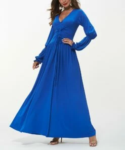Brand new 😀 Romantichut Blue Ruched Lantern-Sleeve V-Neck Maxi 👗 Dress - 👩 Women 😍 -Romantichut Sales zu98897754 alt 2 tm1630867687