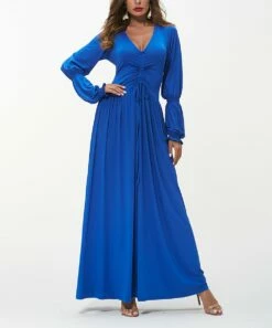 Brand new 😀 Romantichut Blue Ruched Lantern-Sleeve V-Neck Maxi 👗 Dress - 👩 Women 😍
