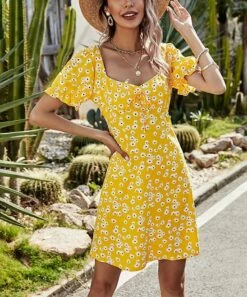 Coupon 🔥 Romantichut Yellow Floral Ruffle-Sleeve V-Neck 👗 Dress - 👩 Women 👍 -Romantichut Sales zu98933149 alt 3 tm1629999745