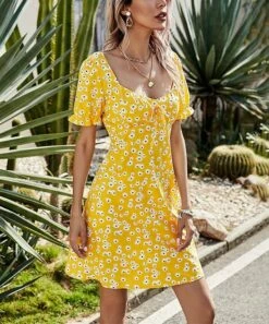 Coupon 🔥 Romantichut Yellow Floral Ruffle-Sleeve V-Neck 👗 Dress - 👩 Women 👍
