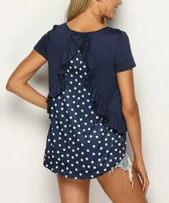 Coupon 🔔 Romantichut Blue Polka Dot Ruffle-Trim Hi-Low Top - 👩 Women 🔔