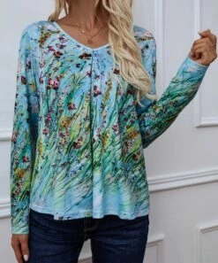 Best reviews of 💯 Romantichut Turquoise & Green Floral V-Neck Long-Sleeve Top - 👩 Women 🔥 -Romantichut Sales zu99636456 alt 3 tm1631798738