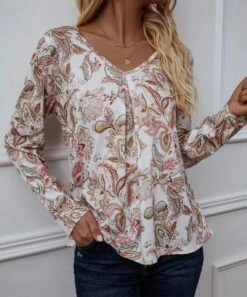 Discount 🎉 Romantichut Cream & Coral Floral V-Neck Long-Sleeve Top - 👩 Women 👏 -Romantichut Sales zu99645844 alt 4 tm1631798738