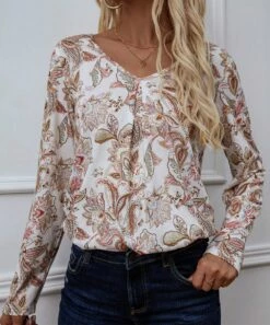 Discount 🎉 Romantichut Cream & Coral Floral V-Neck Long-Sleeve Top - 👩 Women 👏