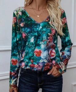 Best reviews of 💯 Romantichut Teal & Pink Floral V-Neck Long-Sleeve Top - 👩 Women ⭐